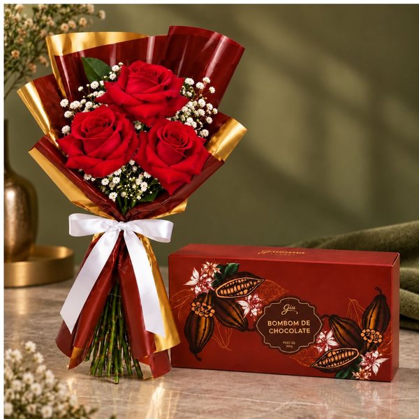 Trio de Rosas Vermelhas com Gypsophila e Bombom Giuliana Flores 3 Und