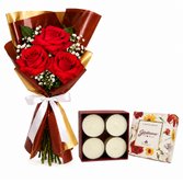 Trio de Rosas Vermelhas com Gypsophila e Mini Velas Encontro Floral
