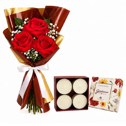 Trio de Rosas Vermelhas com Gypsophila e Mini Velas Encontro Floral