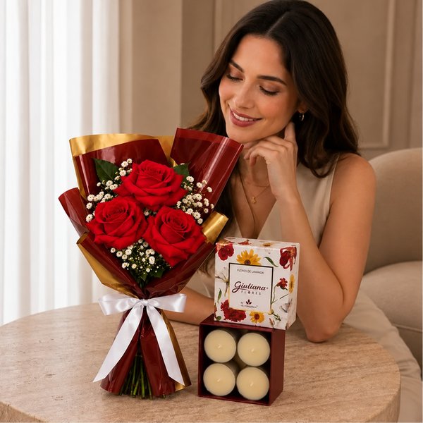 Trio de Rosas Vermelhas com Gypsophila e Mini Velas Encontro Floral