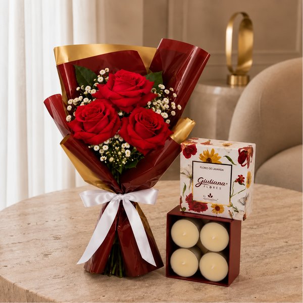 Trio de Rosas Vermelhas com Gypsophila e Mini Velas Encontro Floral