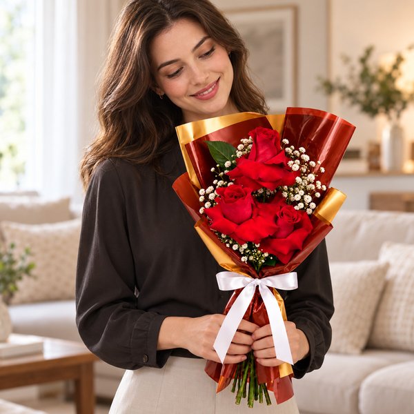 Buquê Trio de Rosas Vermelhas com Gypsophila