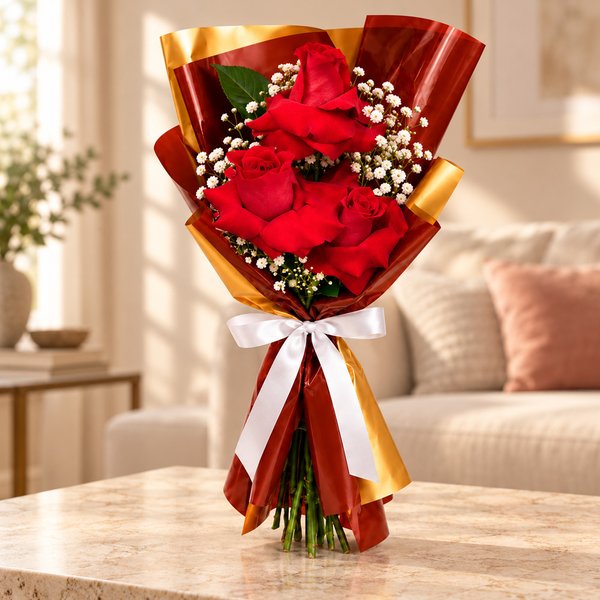 Buquê Trio de Rosas Vermelhas com Gypsophila