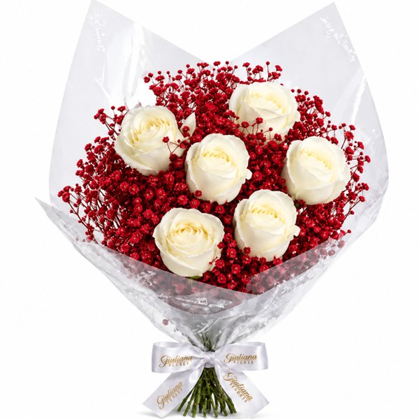 Buquê Rubi com 6 Rosas Brancas