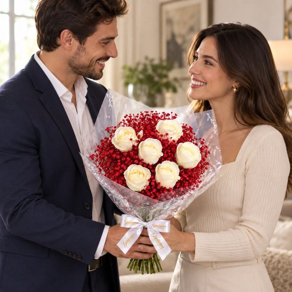 Buquê Rubi com 6 Rosas Brancas