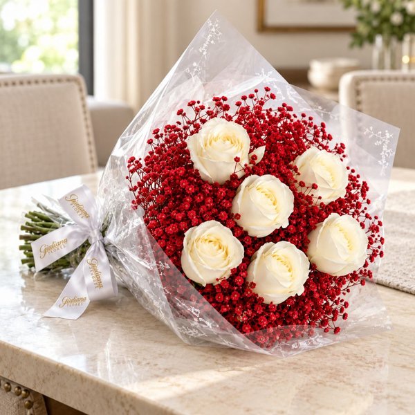 Buquê Rubi com 6 Rosas Brancas