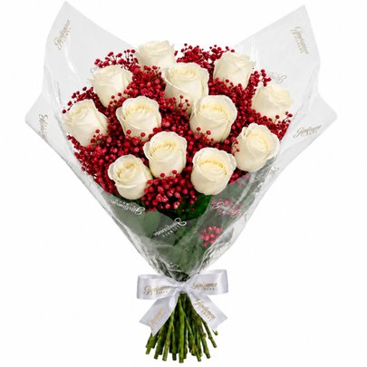 Buquê Rubi com 12 Rosas Brancas