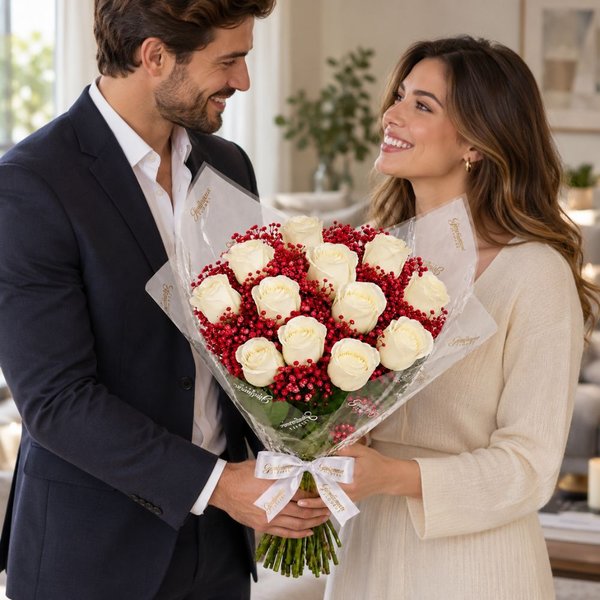 Buquê Rubi com 12 Rosas Brancas