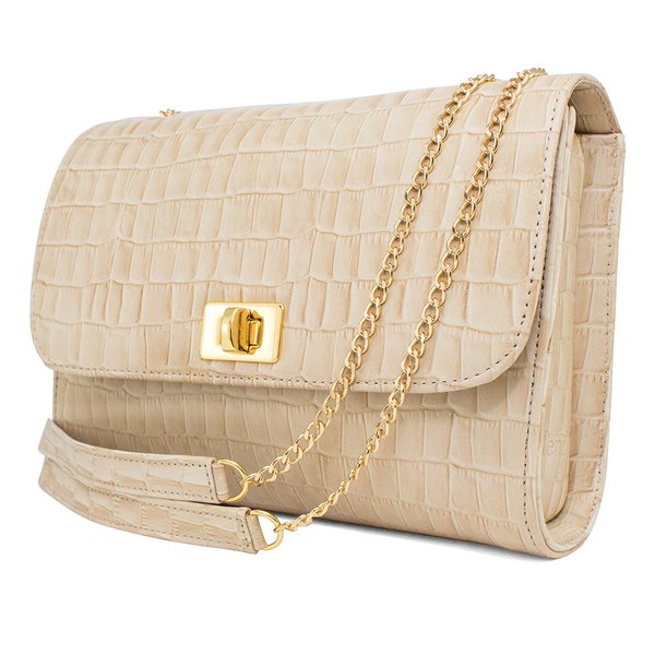 Bolsa de Couro com textura Bege alça de corrente hendy bag