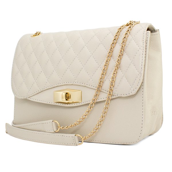 Bolsa em couro off white menor com tampa matelasse hendy bag