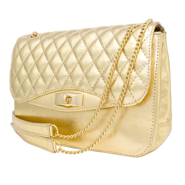 Bolsa em couro dourada menor com tampa metalasse mini waleska