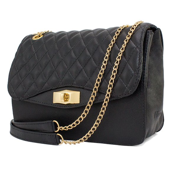 Bolsa em couro preta menos com tampa matelasse mini waleska