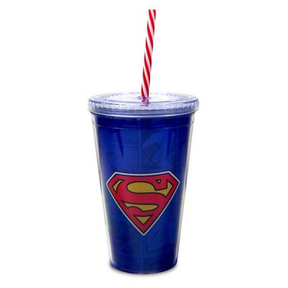 Copo com Canudo Logo Superman DC Comics 450ml - Tasco Inport