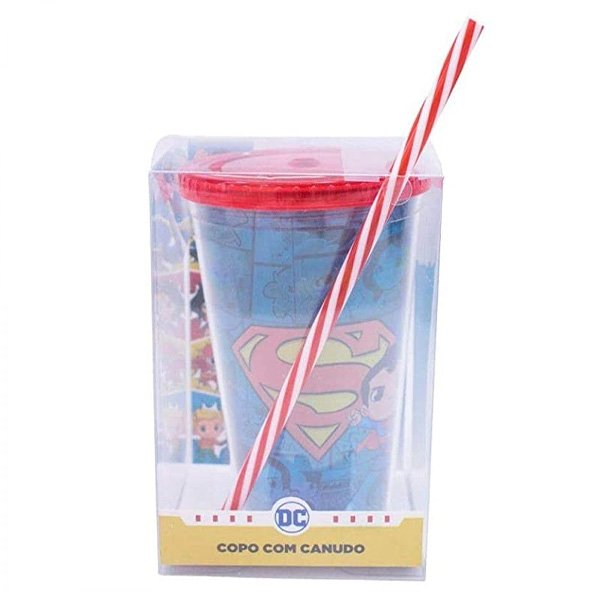 Copo com Canudo Logo Superman DC Comics 450ml - Tasco Inport