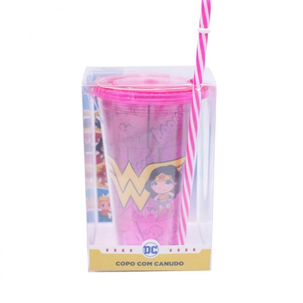 Copo com Canudo Mulher Maravilha DC Comics 450ml - Tasco Inport