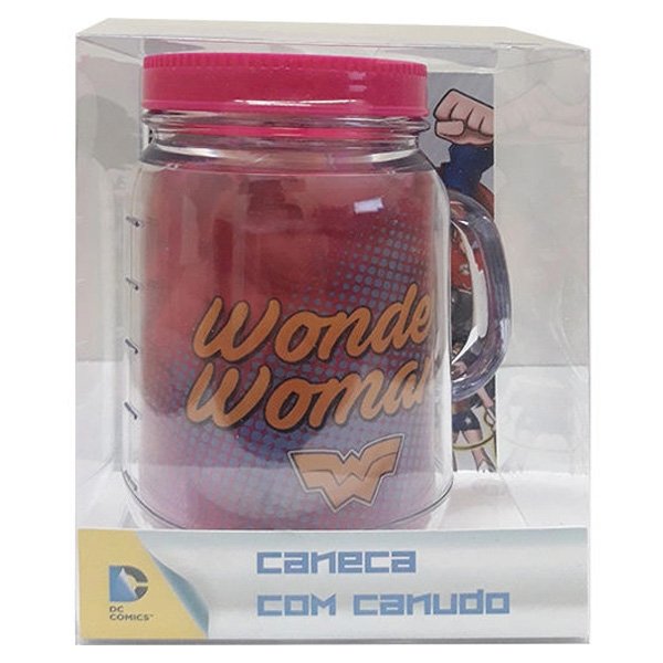 Caneca de Plástico com Canudo Mulher Maravilha - Tasco Inport