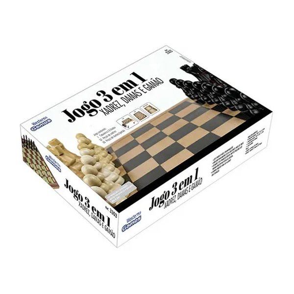 Jogo 3 em 1 Xadrez Dama e Gamão 29cm - Western