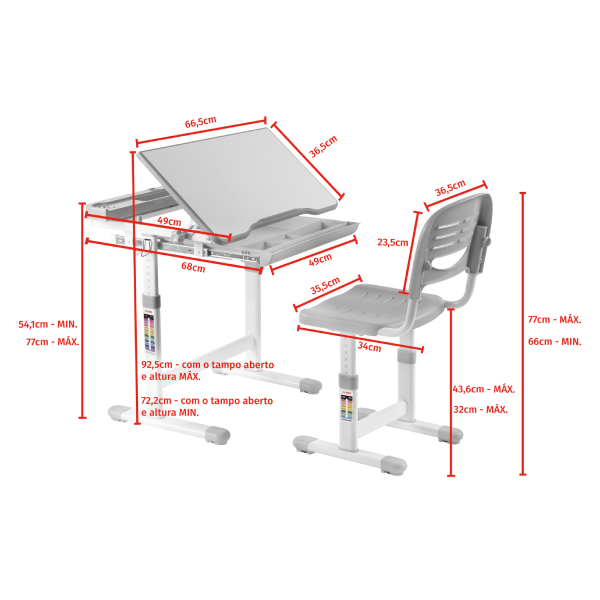 Conjunto Mesa e Cadeira Infantil com Ajuste de Altura Cinza - Pcyes