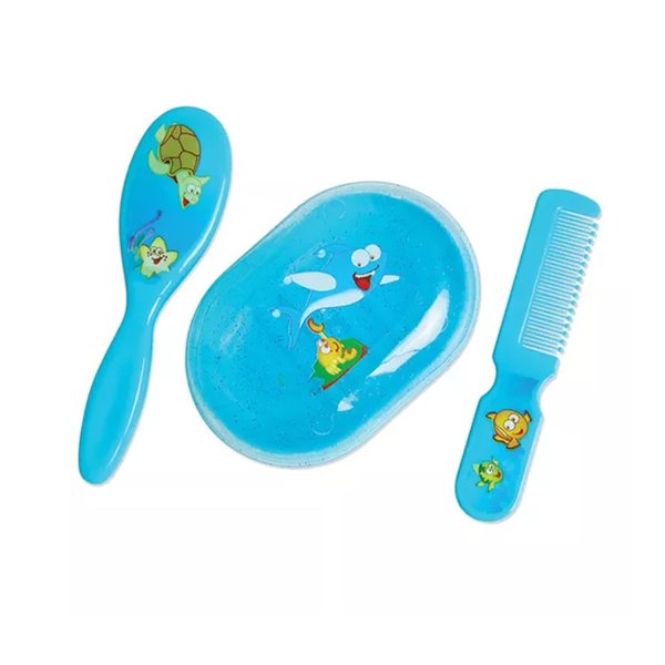 Kit Hora Do Banho Do Bebê Saboneteira E Escovas - Milla - Azul