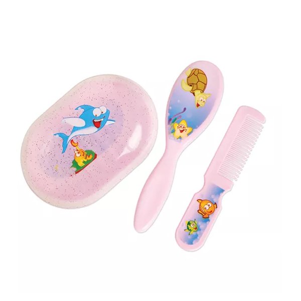 Kit Hora Do Banho Do Bebê Saboneteira E Escovas - Milla - Rosa