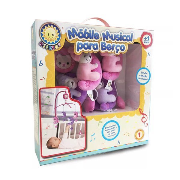 Móbile Giratório Musical Para Berço Pelúcia Ursinho Soneca Rosa - Kitstar
