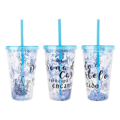 Copo de Plástico 450ml Shine Teen com Canudo - Art Brink - Azul