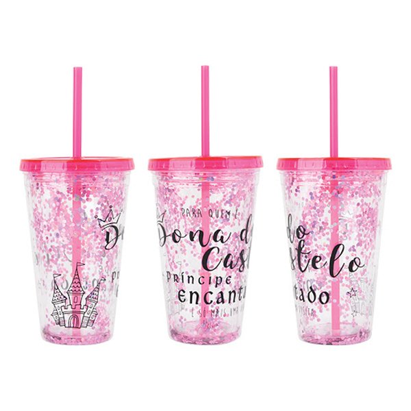 Copo de Plástico 450ml Shine Teen com Canudo - Art Brink - Rosa