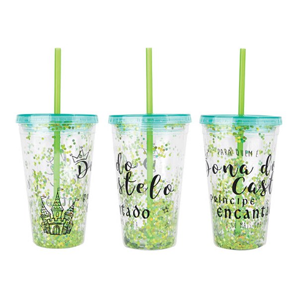 Copo de Plástico 450ml Shine Teen com Canudo - Art Brink - Verde