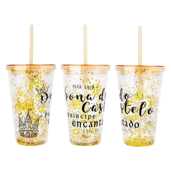 Copo de Plástico 450ml Shine Teen com Canudo - Art Brink - Laranja