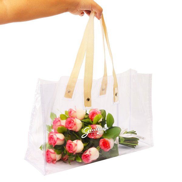 Bolsa Cristal com Rosas Cor de Rosa