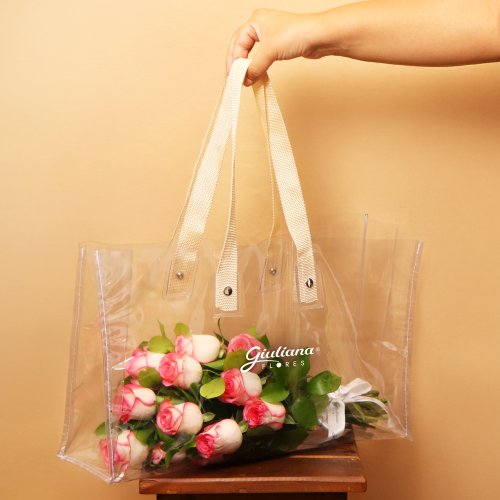 Bolsa Cristal com Rosas Cor de Rosa