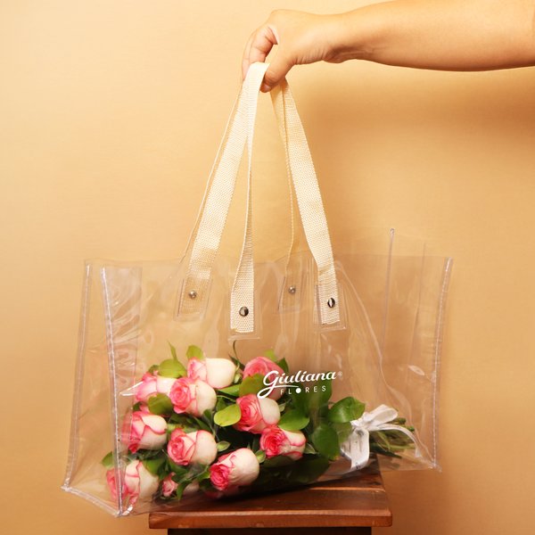 Bolsa Cristal com Rosas Cor de Rosa
