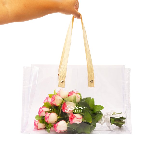 Bolsa Cristal com Rosas Cor de Rosa