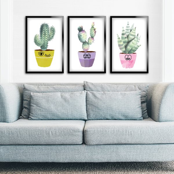 Kit 3 Quadros Decorativos Cactus Love
