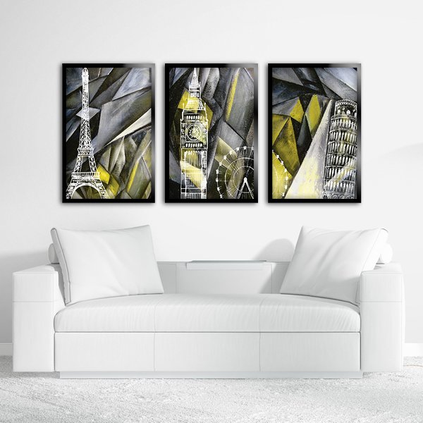 Kit 3 Quadros Decorativos Mosaico Cidades Europa