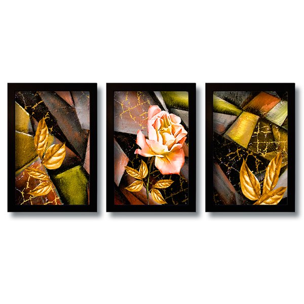 Kit 3 Quadros Decorativos Mosaico Rosa Geométrica