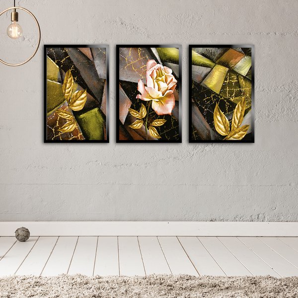 Kit 3 Quadros Decorativos Mosaico Rosa Geométrica