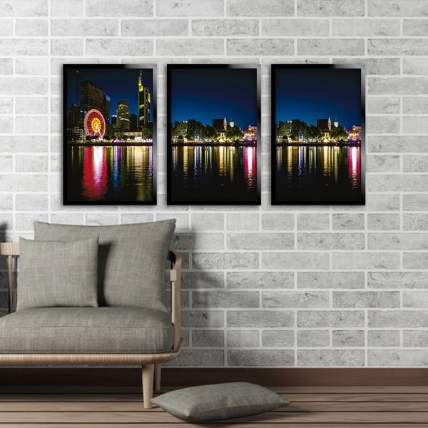 Kit 3 Quadros Decorativos Mosaico Cidade Noturna