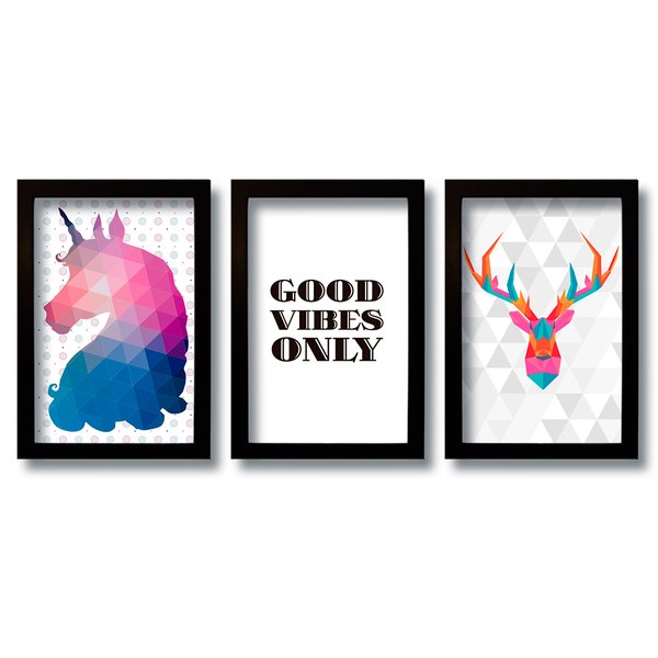 Kit 3 Quadros Decorativos Good Vibes Only Pop Art
