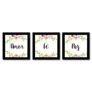 Imagem de Kit 3 Quadros Decorativos Palavras Amor Paz Fé