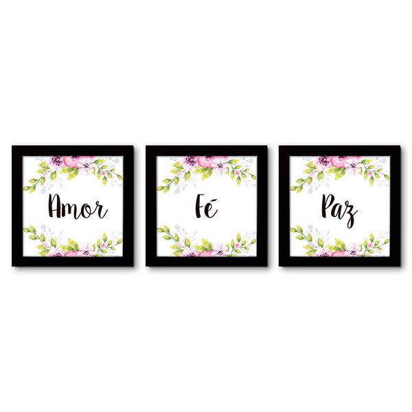 Kit 3 Quadros Decorativos Palavras Amor Paz Fé
