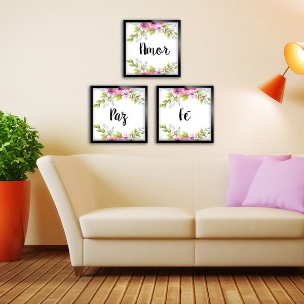 Kit 3 Quadros Decorativos Palavras Amor Paz Fé
