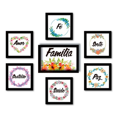 Kit 7 Quadros Decorativos Palavras Família Paz Amor