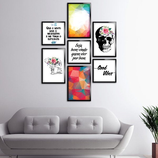 Kit 7 Quadros Decorativos Frases e Geométricos