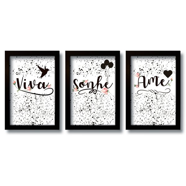 Kit 3 Quadros Decorativos Frases Viva Sonhe Ame