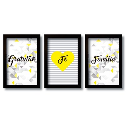 Kit 3 Quadros Decorativos Frases Gratidão Fé Família