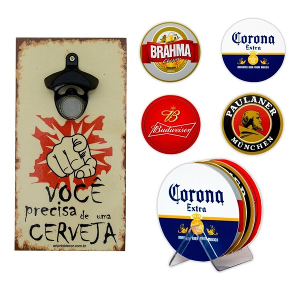 Kit 4 Porta Copos Cerveja Com Suporte + Abridor de Garrafas
