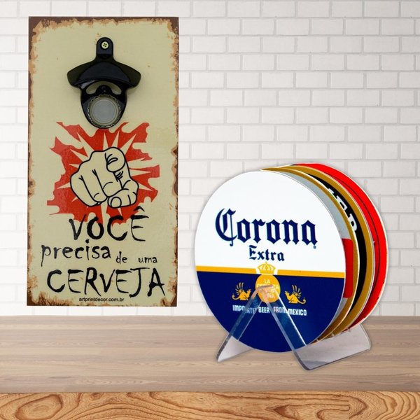 Kit 4 Porta Copos Cerveja Com Suporte + Abridor de Garrafas