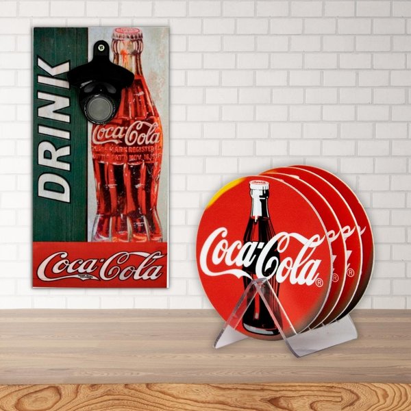 Kit 4 Porta Copos Coca Cola C/ Suporte + Abridor de Garrafas