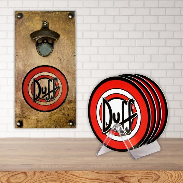 Kit 4 Porta Copos Duff Com Suporte + Abridor de Garrafas
